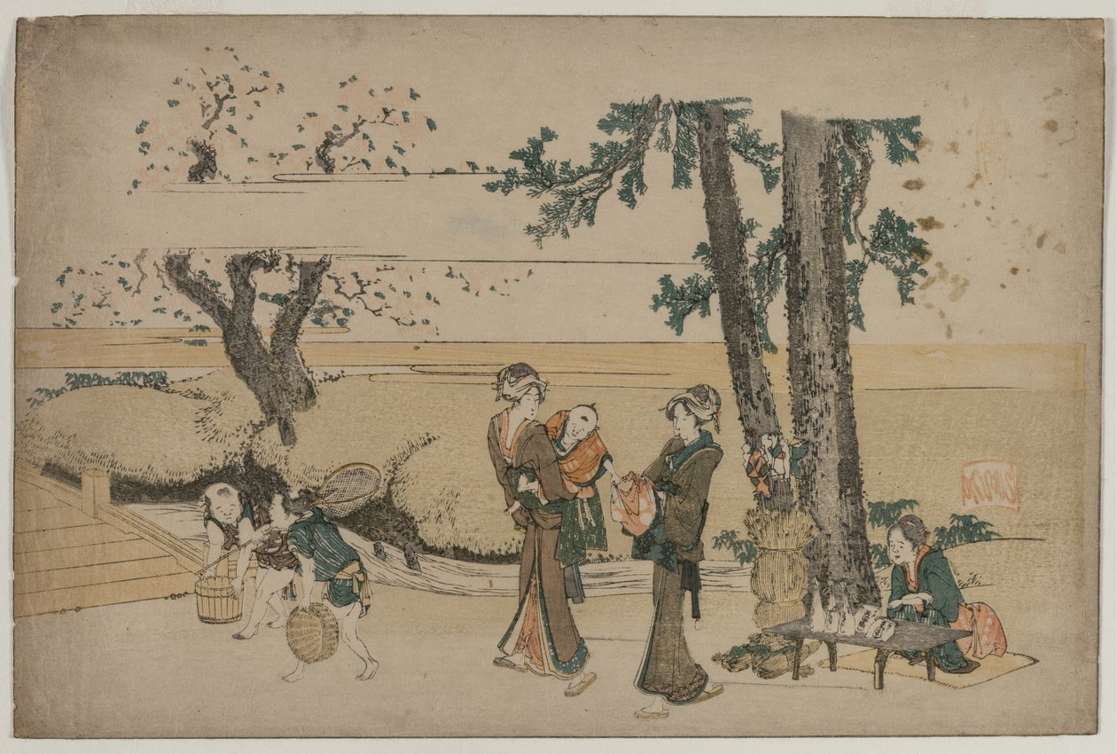 Kvinna som passerar en butik vid vägkanten nära Oji, tidigt 1800-tal. av Katsushika Hokusai