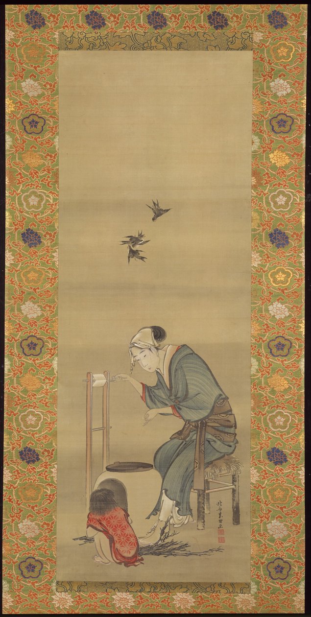 Kvinna som spinner siden av Katsushika Hokusai