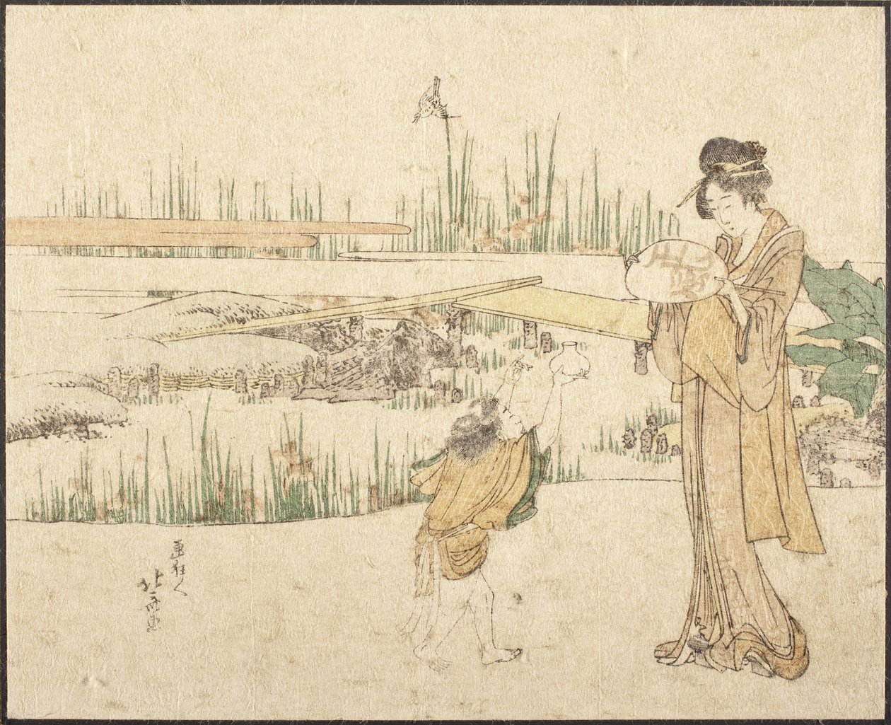 Kvinna och barn i en trädgård; fragment av ”Guldfiskförsäljaren” av Katsushika Hokusai