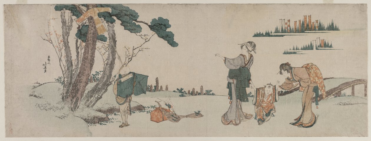 Kvinnor som distraherar ett barn vars drake fångas i ett träd av Katsushika Hokusai