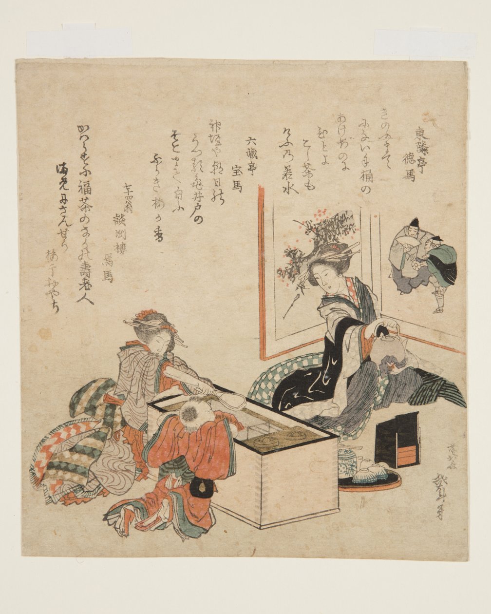 Kvinnor förbereder te runt eldhållaren (trätryck i färg) av Katsushika Hokusai