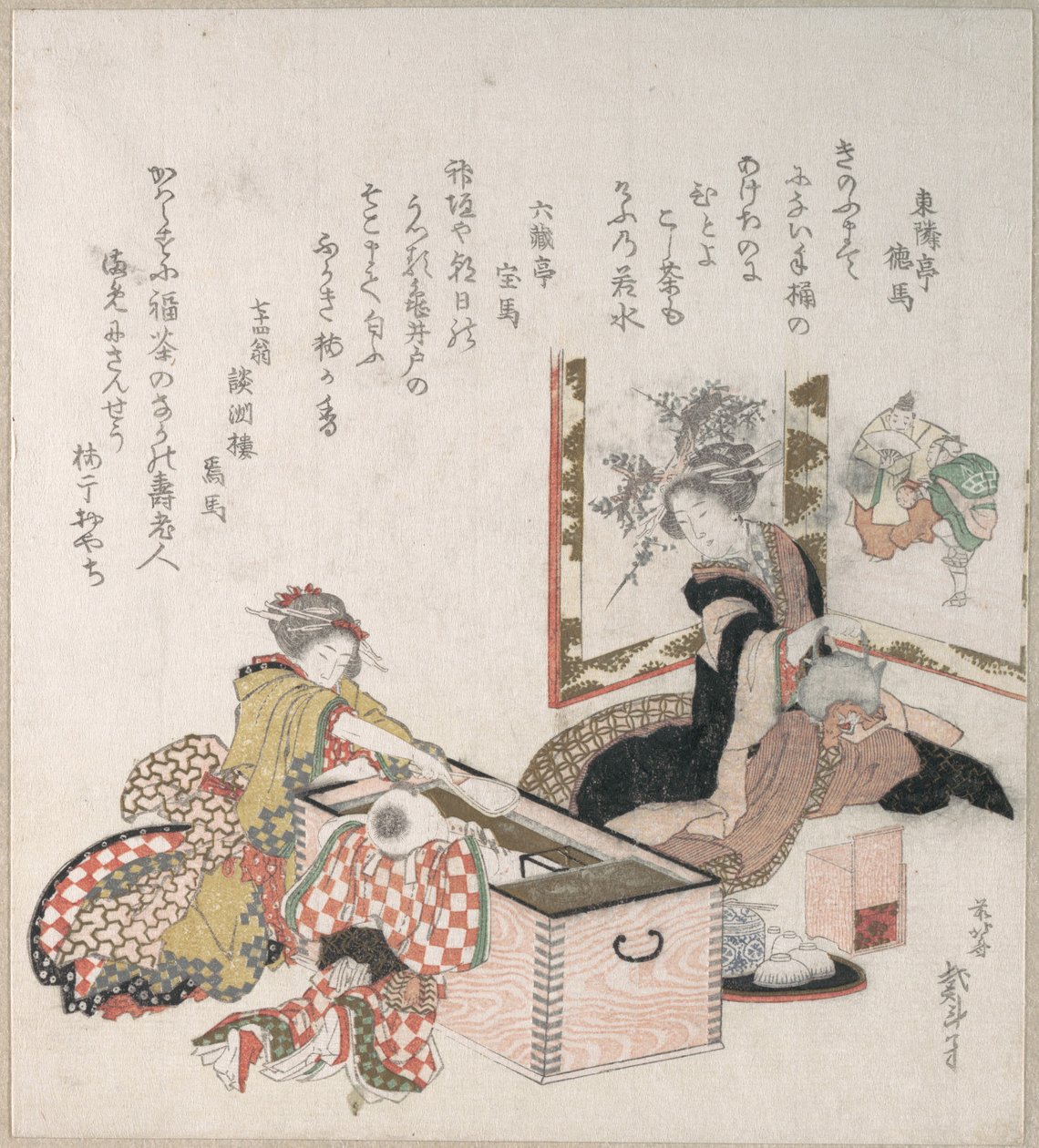 Kvinnor som tillagar te runt eldstaden av Katsushika Hokusai
