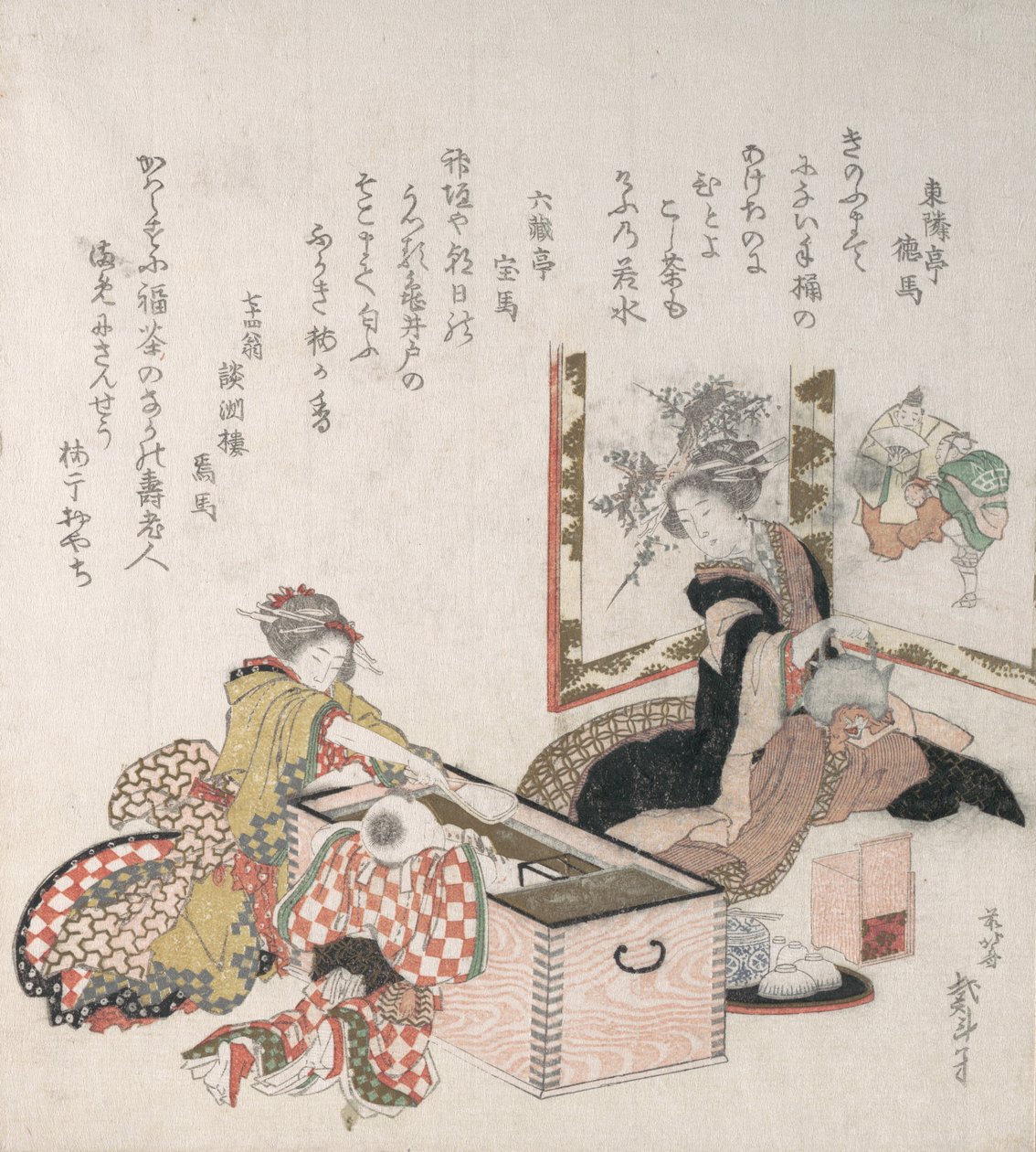 Kvinnor som förbereder te runt eldhållaren, 1816. av Katsushika Hokusai