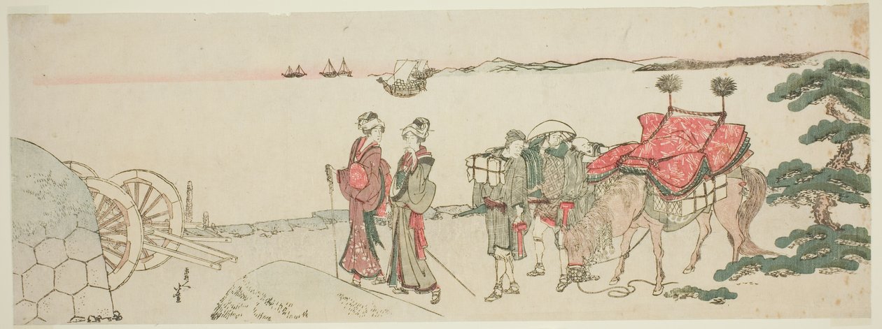 Kvinnor och män vid stranden i Tanakawa av Katsushika Hokusai