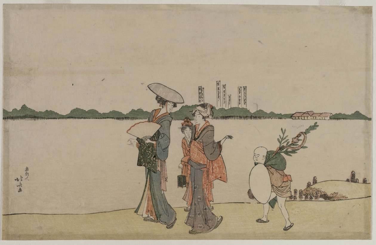 Kvinnor och barn som går längs floden Sumida av Katsushika Hokusai