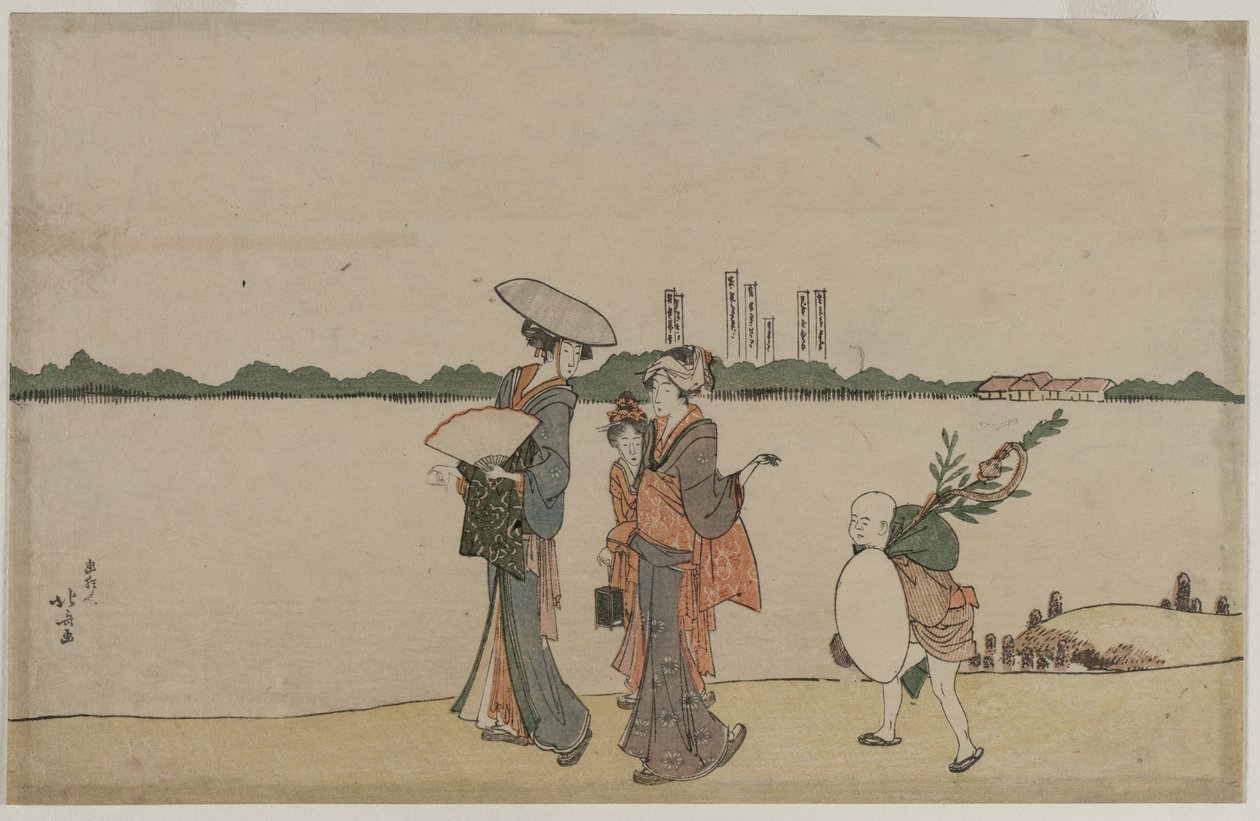 Kvinnor och barn går längs Sumidafloden, tidigt 1800-tal. av Katsushika Hokusai