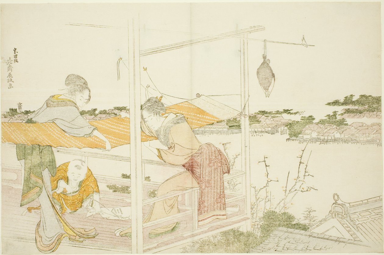 Kvinnor på en veranda Stretching duk för att torka av Katsushika Hokusai