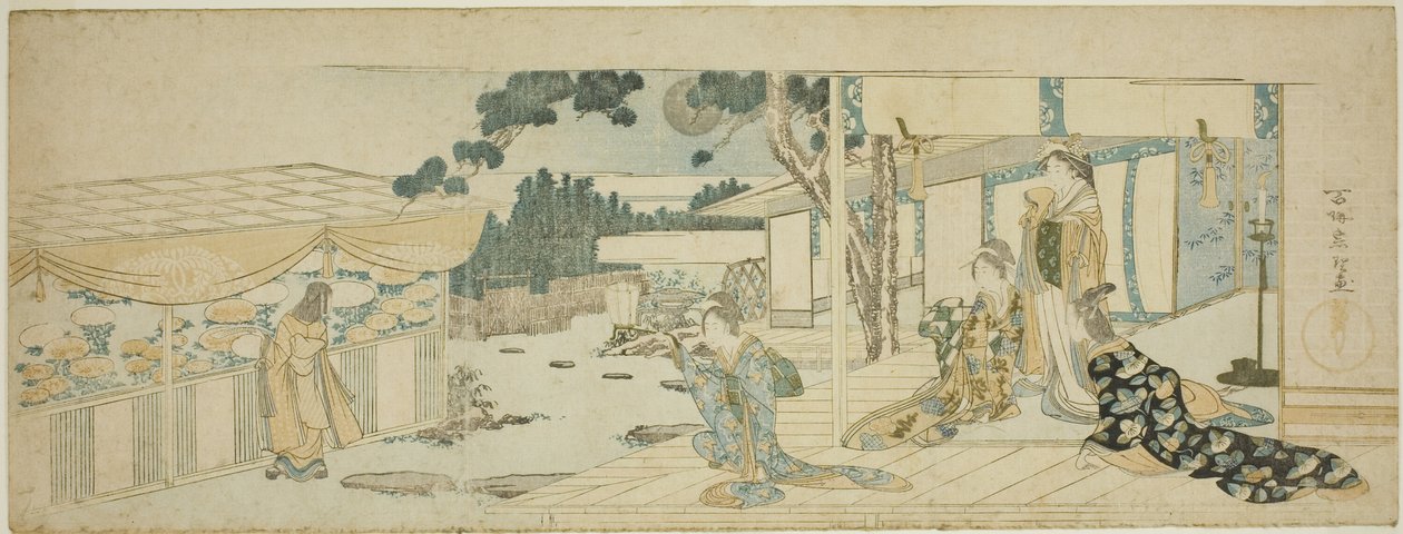 Kvinnor på verandan tittar på en flicka som plockar blommor av Katsushika Hokusai