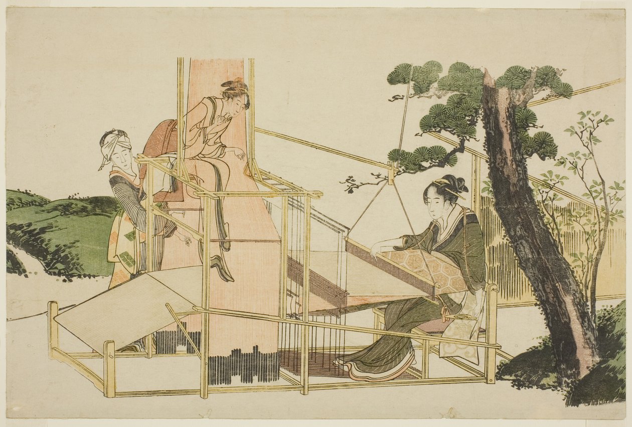 Kvinnor som väver på en vävstol av Katsushika Hokusai