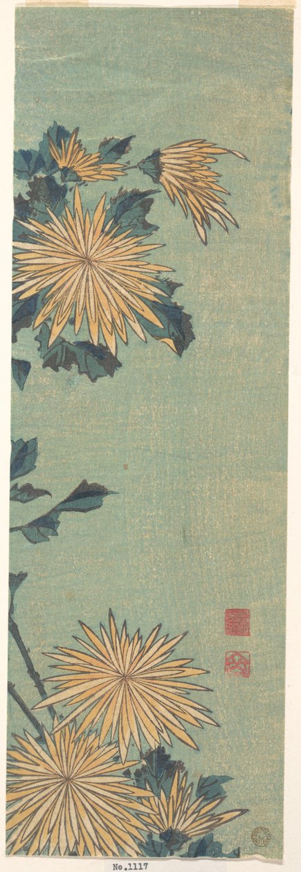 Gula krysantemum på blå bakgrund av Katsushika Hokusai