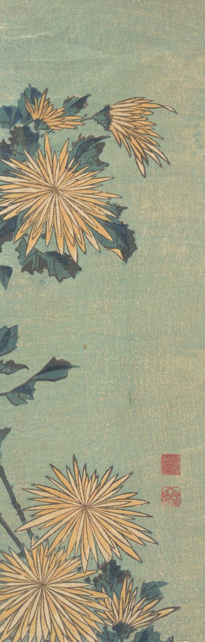 Gula krysantemum på en blå mark, ca. 1825. av Katsushika Hokusai