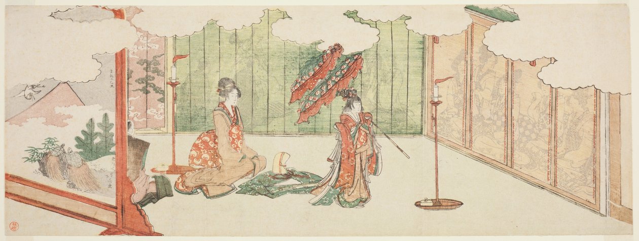 Ung flicka dansar på en adelsmans herrgård av Katsushika Hokusai