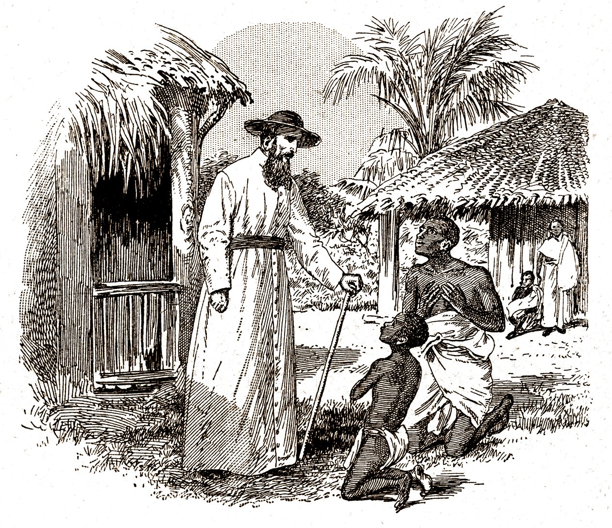 En katolsk missionär i Afrika som utövar en omvändelse på ett barn och hans far, ca 1900 (gravyr) av Alec Hunter