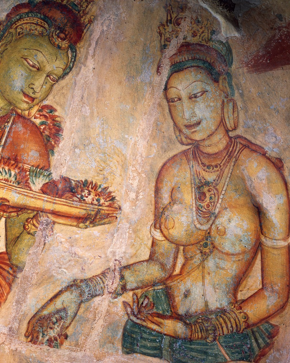 Apsaras, himmelsk nymf som erbjuder blommor, fresk, befäst citadell i Sigiriya (UNESCO:s världsarvslista av Alec Hunter