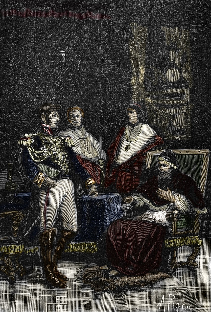 General Cervoni kallade påven Pius VI att avsäga sig sin timliga suveränitet 1798. 1882 (Gravering) av Alec Hunter