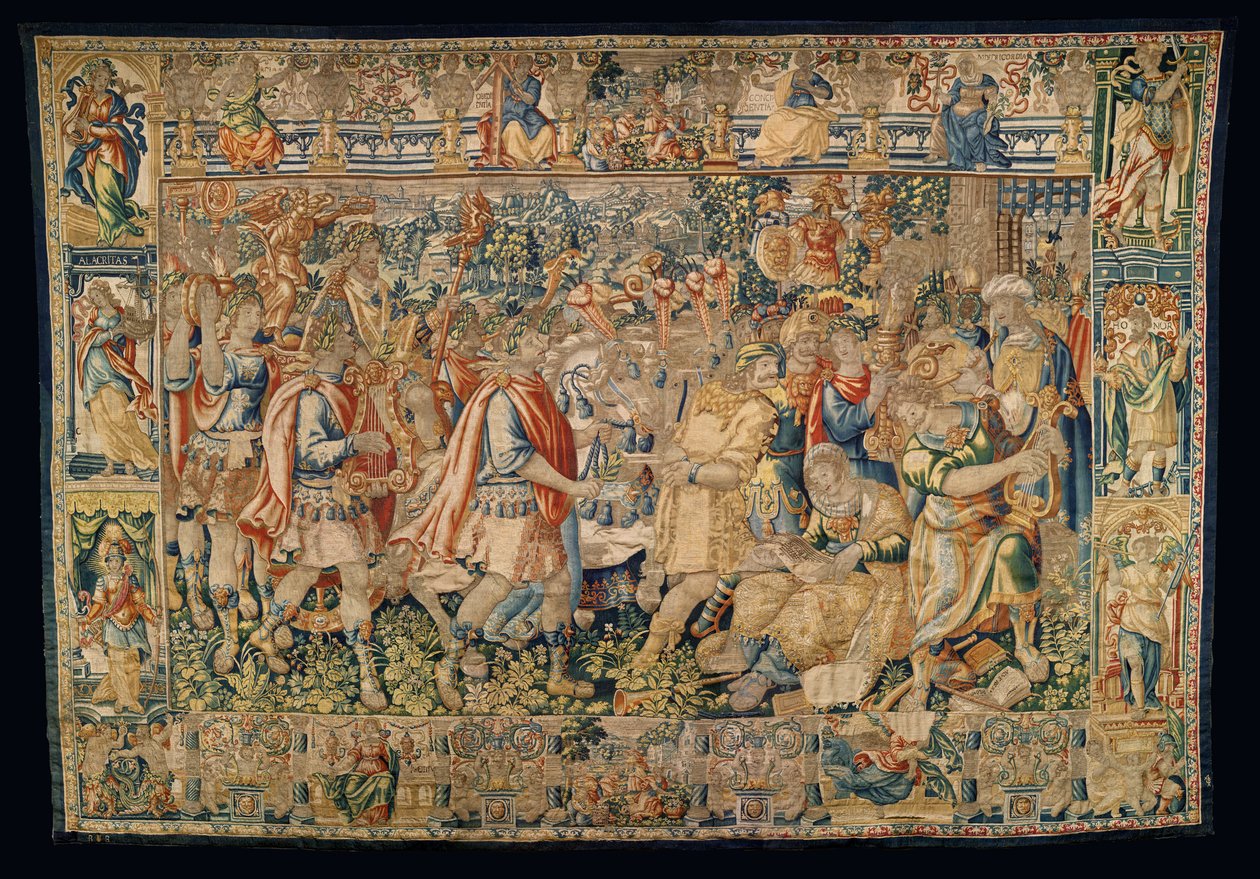 Sockens museum för gobelänger (Pastrana Parish Museum of Tapestries). flamländsk gobeläng. Karl den Store, triumferande intåg i Carmania (Alexander den store, Triumferande inträde i Carmania). av Alec Hunter