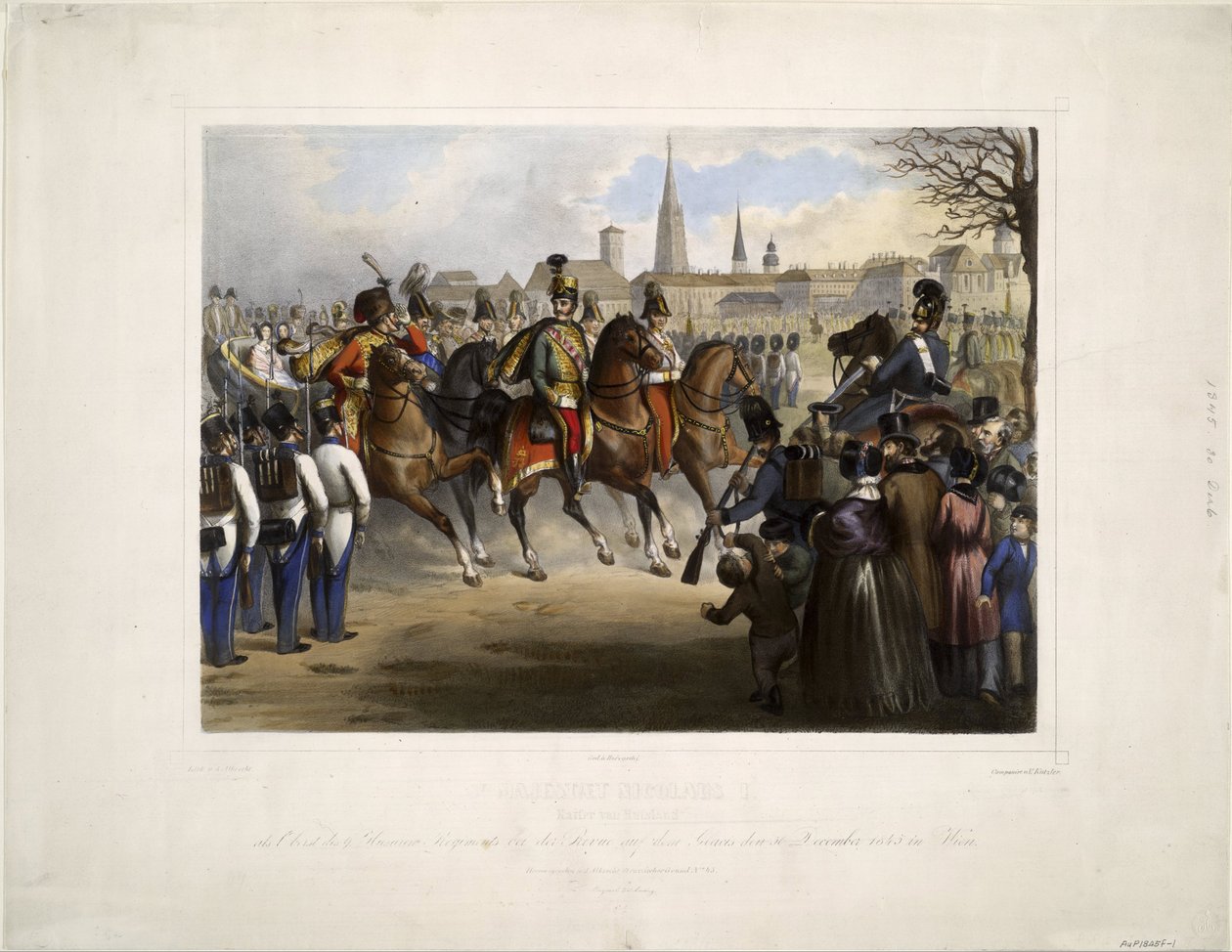 Nicholas I av Ryssland som överste för 9:e husarregementet ""Graf Nadasdy"" vid Glacis i Wien den 30 december 1845 - Katzler, Vinzenz (1823-1882) - 1846 - Färglitografi - 39x50,4 - Privat Samling av Katzler Katzler