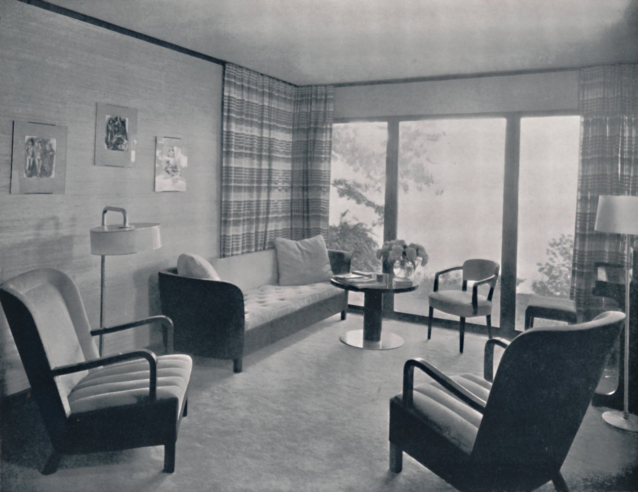 "Vardagsrummet i ett hus designat av Howard T. Fisher för Miss Ruth Page", 1935 av Kaufman and Fabry Co