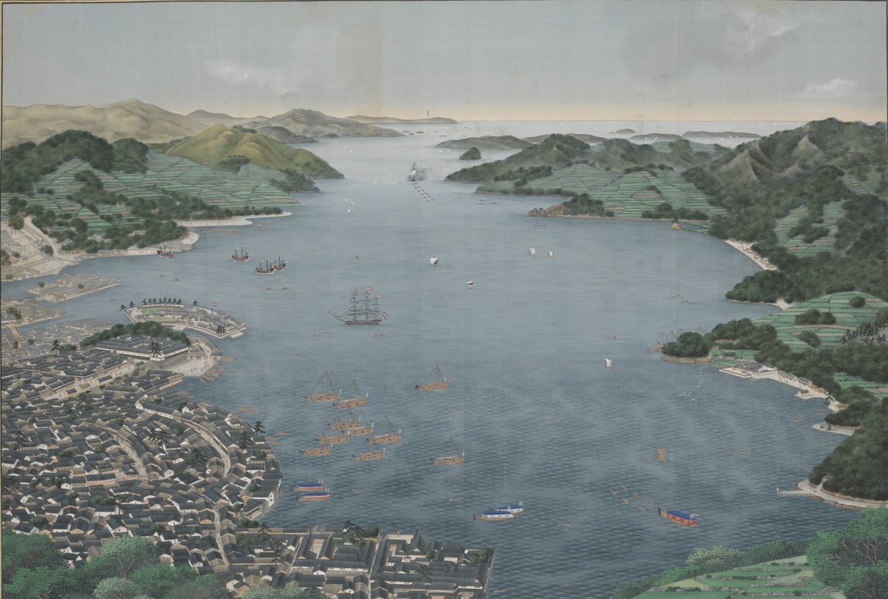 Nagasakis hamn, ca 1800-50 (silkesmålning) av Kawahara Keiga