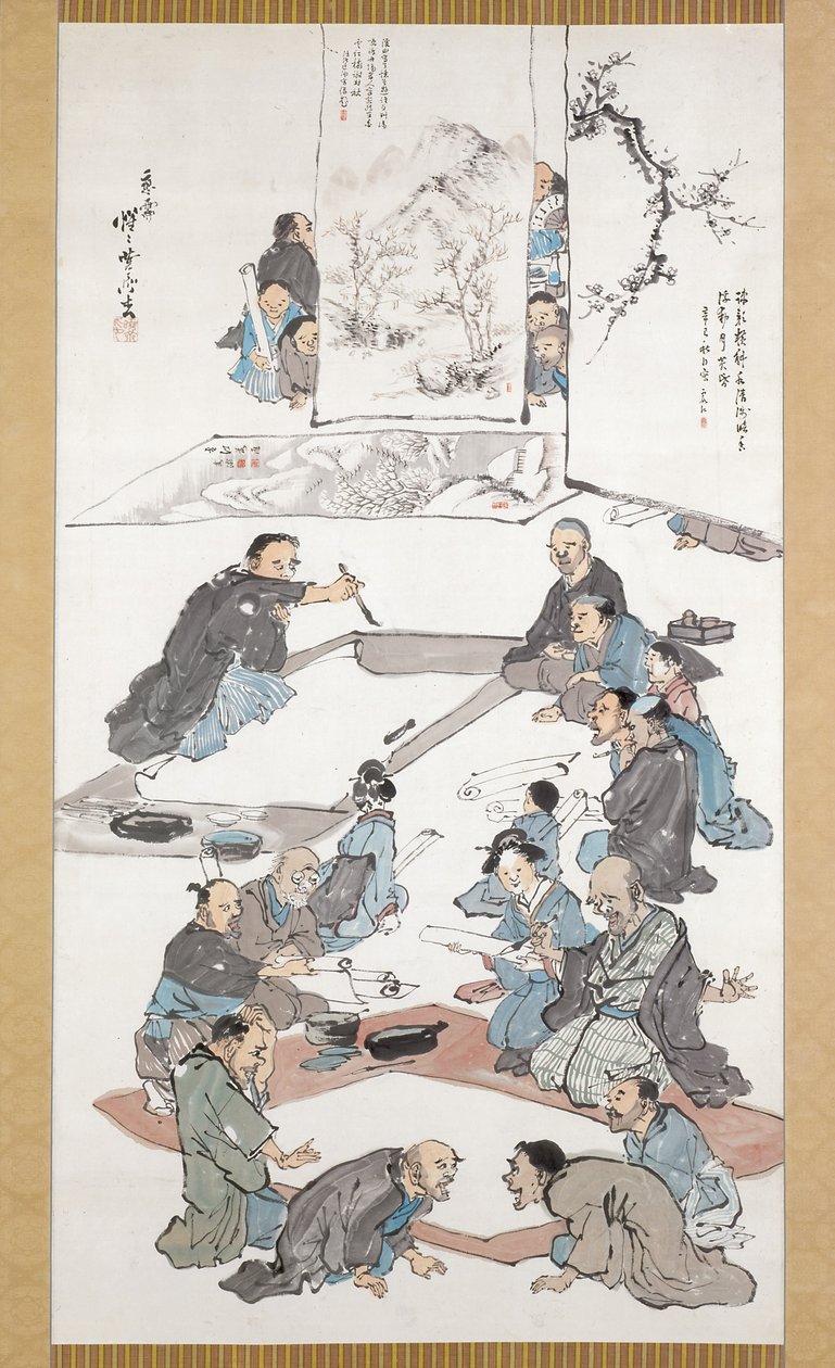 Kalligrafi och målarfest (bläck och färg på papper) av Kawanabe Kyosai