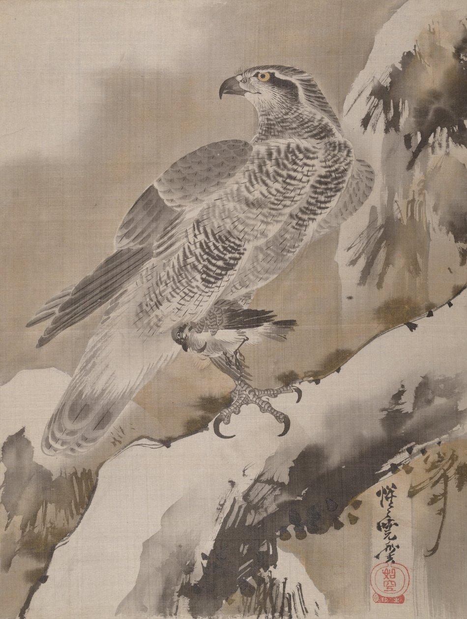 Örn som håller liten fågel, ca. 1887. av Kawanabe Kyosai