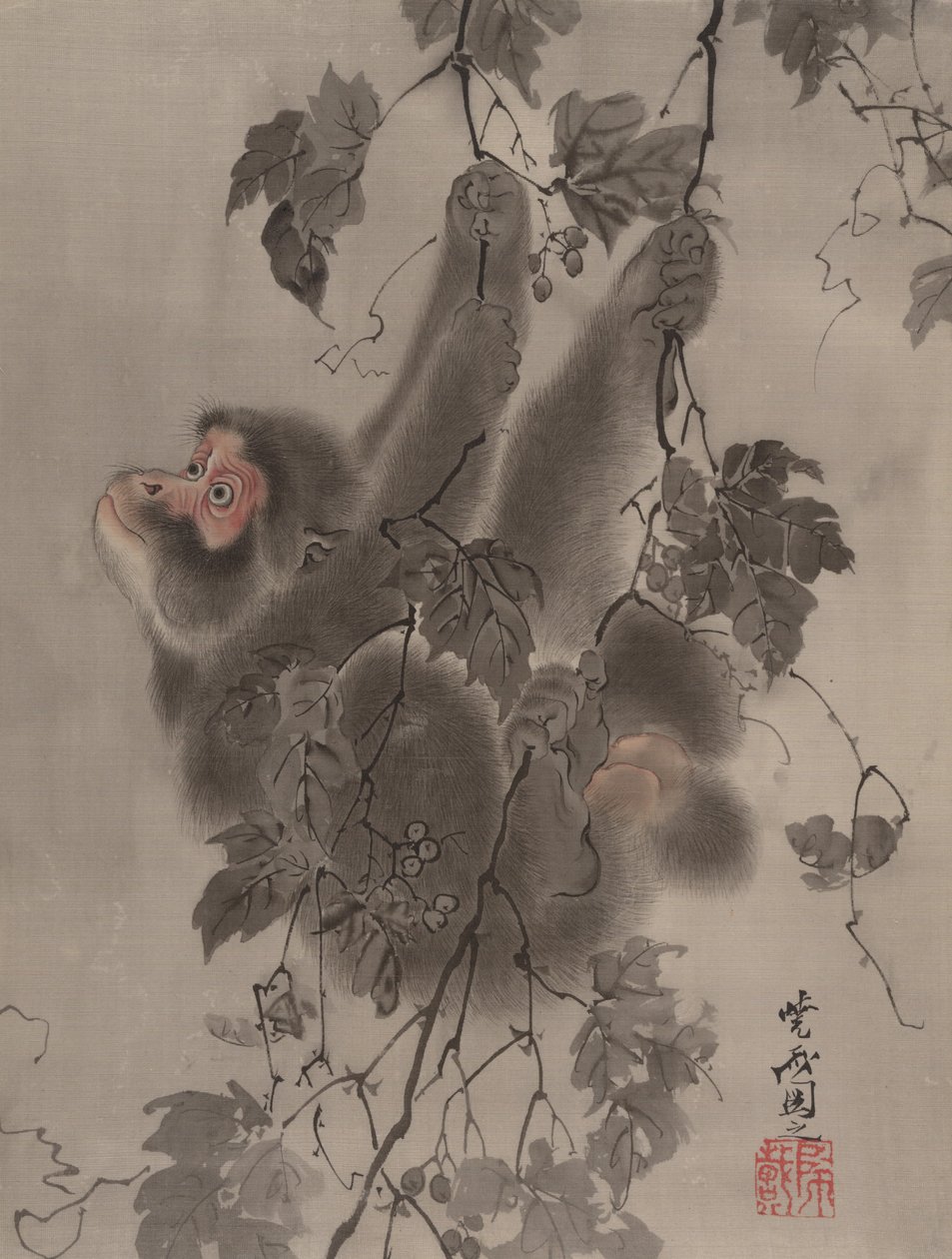 Monkey Hanging from Grapevines, ca. 1887. av Kawanabe Kyosai