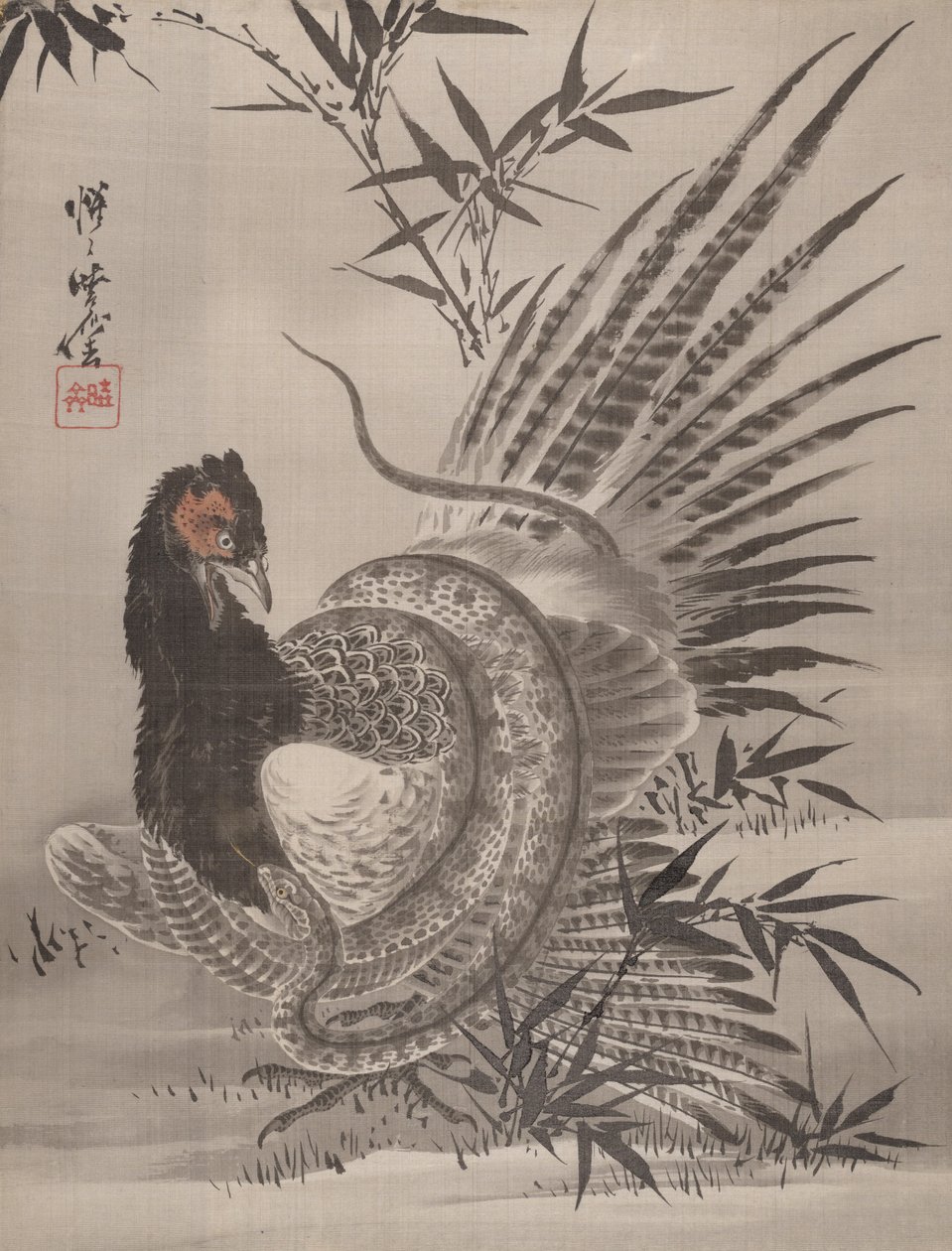 Fasan fångad av en orm, ca. 1887. av Kawanabe Kyosai