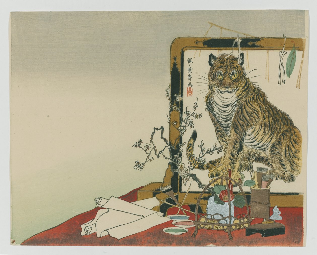 Stående skärm (Tsuitate) av en tiger, 1878 (träblock i färg) av Kawanabe Kyosai