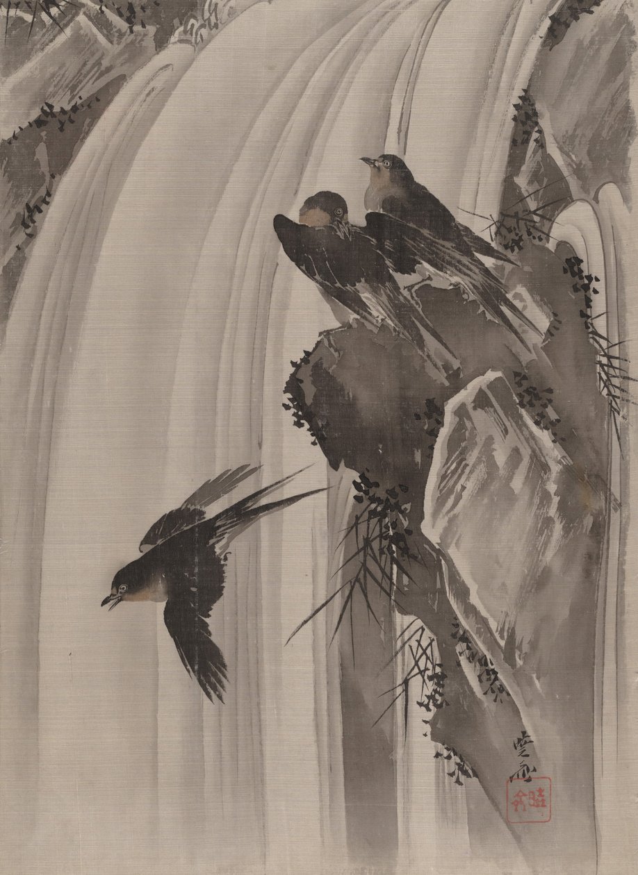 Svalor vid ett vattenfall, ca. 1887. av Kawanabe Kyosai