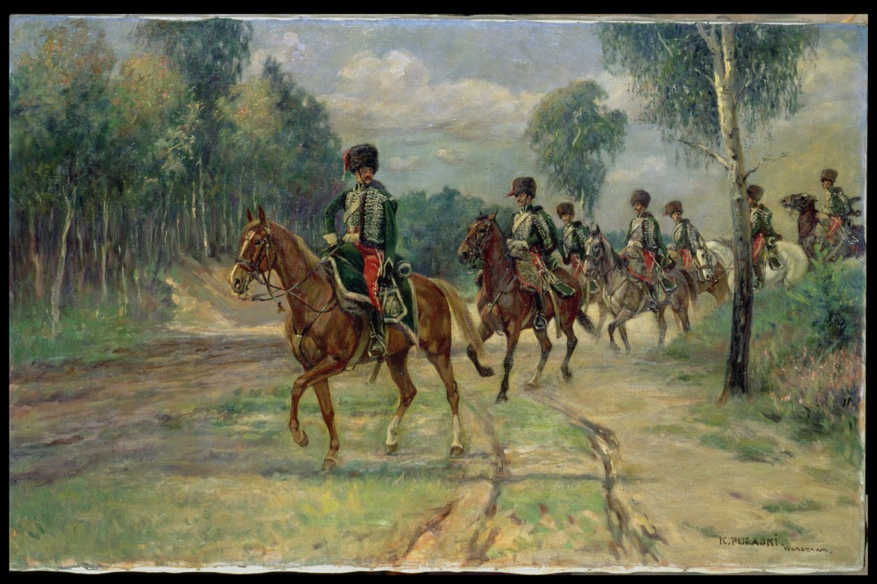 Squadron of Hussars, ca 1920 (olja på duk) av Kazimierz Pulaski