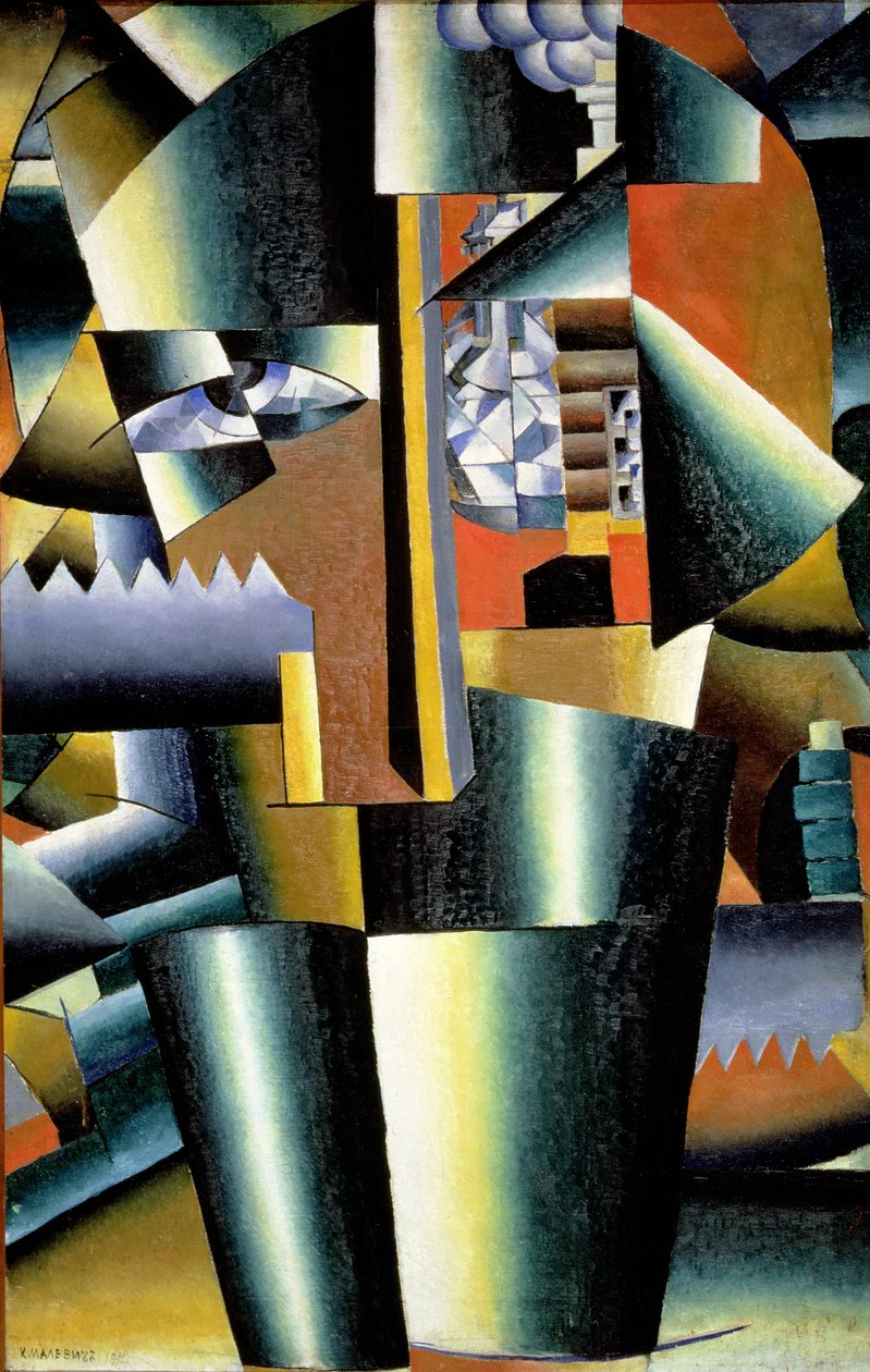 Porträtt av konstnären Ivan Vasilievich Klyun (1873-1942) som byggmästare, 1911 av Kazimir Severinovich Malevich