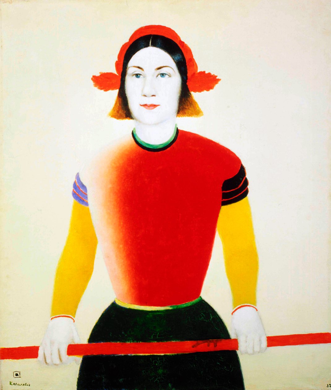 En flicka med en röd stolpe, 1932-1933. av Kazimir Severinovich Malevich