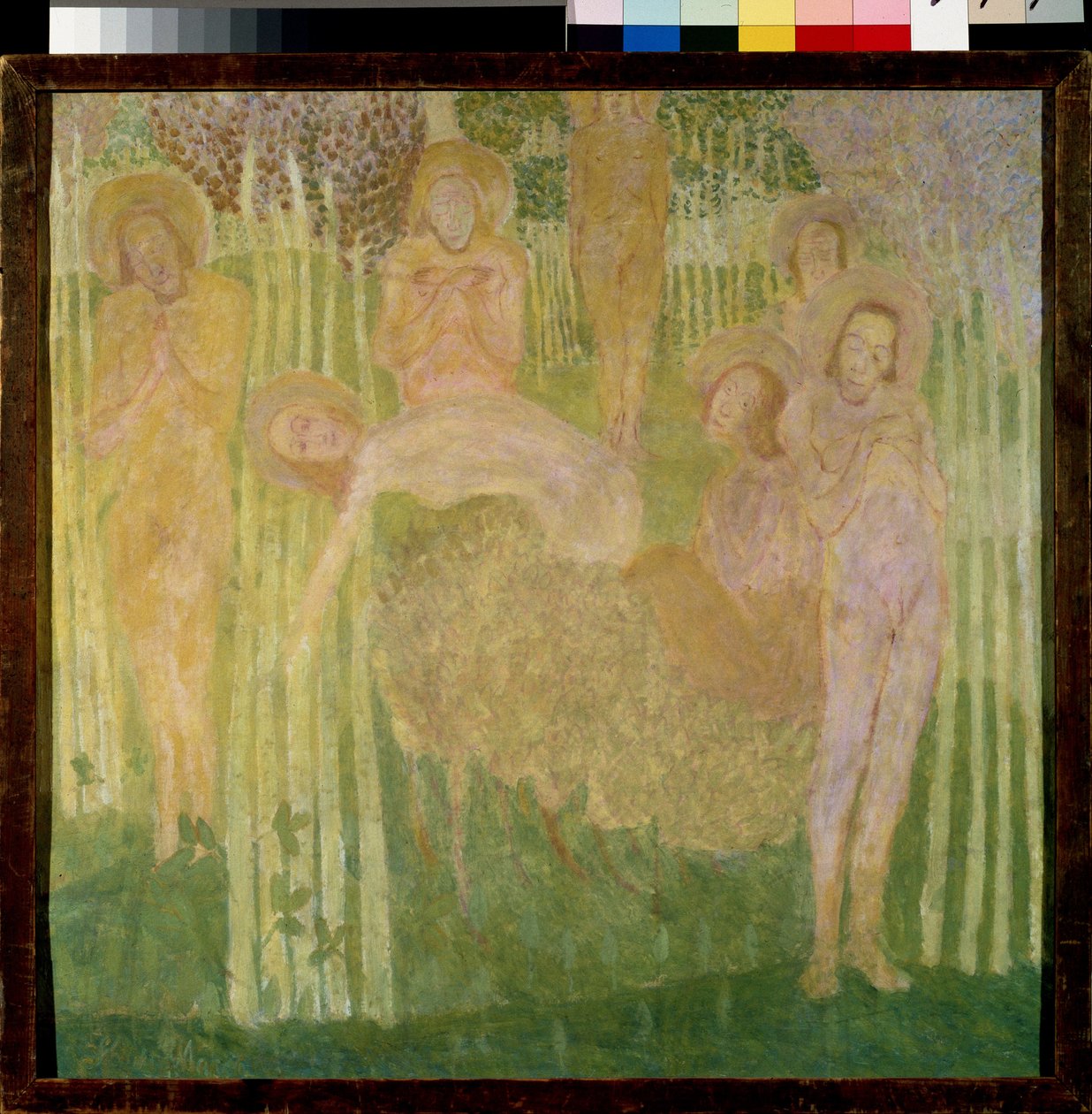 Skiss till en freskmålning. Representation av helgon med gloria, med glada ansikten, nakna kroppar, samlade i en trädgård med blommande träd. Verk av Kasimir Severinovich Malevich (Malevich, Malevic) (1878-1935), te av Kazimir Severinovich Malevich