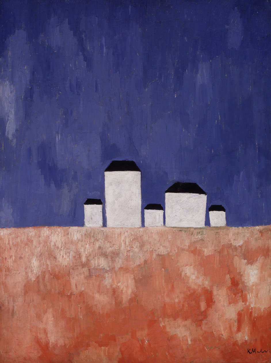 Landskap med fem hus, c.1932 av Kazimir Severinovich Malevich