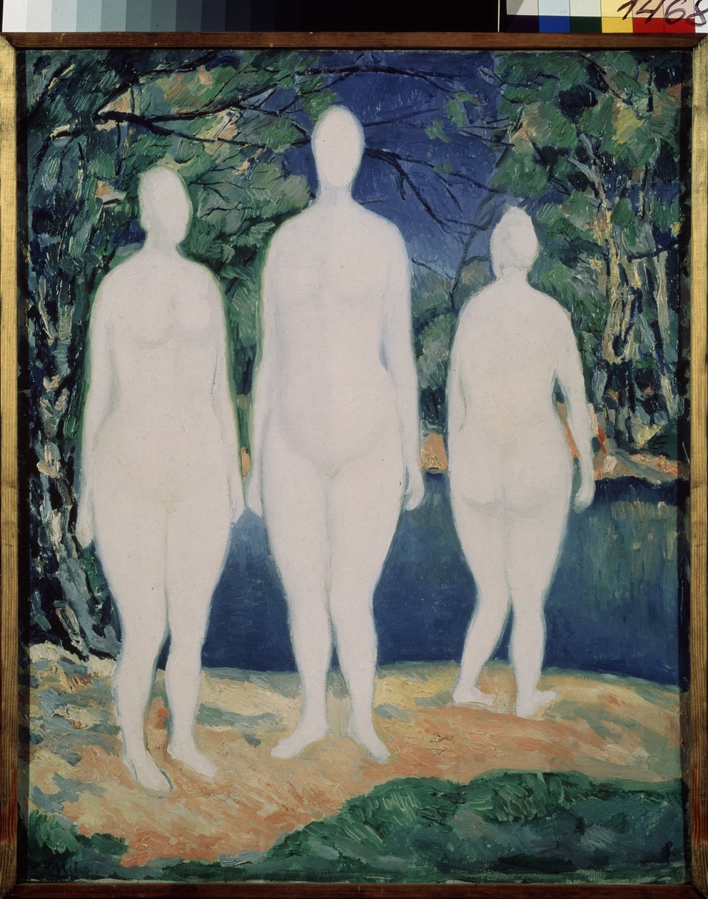 Badgästerna. Tre vita, nakna figurer som står nära en flod på sommaren. Målning av Kasimir Severinovich Malevich (Malevich, Malevic) (1878-1935), olja på duk av Kazimir Severinovich Malevich
