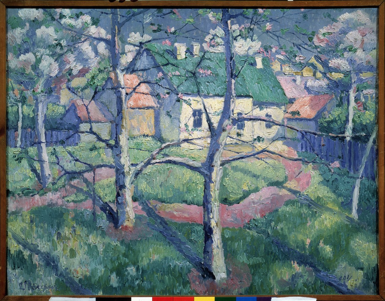 Äppelträd som blommar. Landsbygdslandskap på sommaren, några hus, en stig, träd. Målning av Kasimir Severinovich Malevich (Malevich, Malevic) (1878-1935), olja på duk av Kazimir Severinovich Malevich