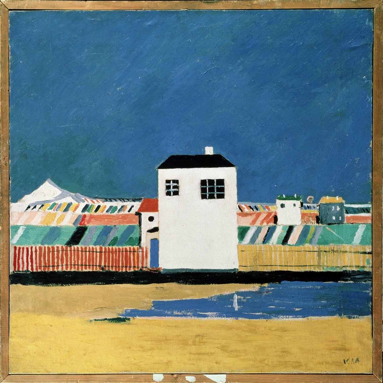 Landskap med ett Vita huset. Målning av Kasimir Severinovich Malevich (Malevich, Malevic) (1878-1935), olja på duk, cirka 1930. Rysk konst, 1900-talet, avantgarde, suprematism, konstruktivism. Ryska statens museum, av Kazimir Severinovich Malevich