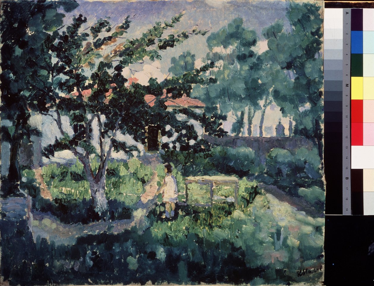 Sommarlandskap. Beskrivning av trädgården i ett litet hus på sommaren, med ett barn som njuter av sommarlovet. Målning av Kasimir Severinovich Malevich (Malevich, Malevic) (1878-1935), olja på duk av Kazimir Severinovich Malevich