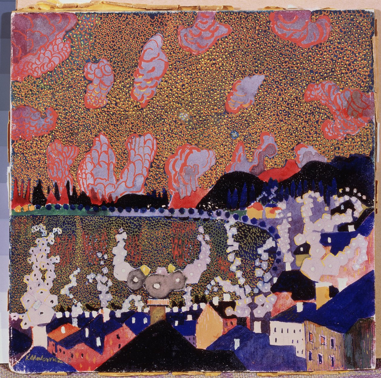 Liten stad. Målning av Kasimir Severinovich Malevitch (Malevich, Malevic) (1878-1935), olja på kartong av Kazimir Severinovich Malevich