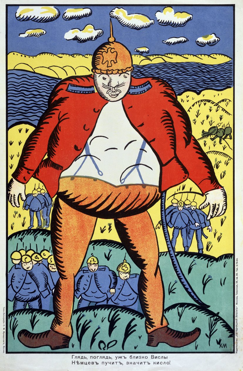 Titta, Vistula är inte långt... (Titta, vistula är inte långt...). Första världskriget (1914-1918), en gigantisk tysk soldat med öppen jacka och spetsad hjälm, följt av resten av hans trupper, i Polen, efter konfrontationen. av Kazimir Severinovich Malevich