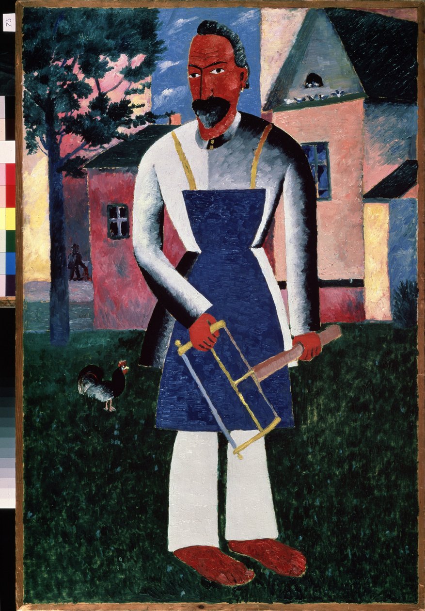 Sommarboende. (Sommarboende). Framför en landsby på sommaren, porträtt av en snickare, barfota, i ett förkläde som håller sina verktyg. Målning av Kasimir Severinovich Malevitch (Malevich, Malevic) (1878-1935), olja på trä av Kazimir Severinovich Malevich