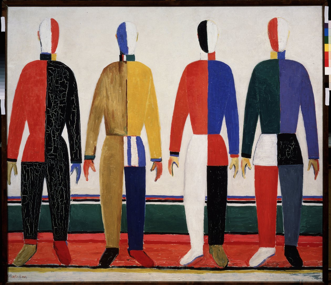 Idrottsmän. Fyra män bär färgglada sportkläder. Målning av Kasimir Severinovich Malevich (Malevich, Malevic) (1878-1935), olja på duk av Kazimir Severinovich Malevich