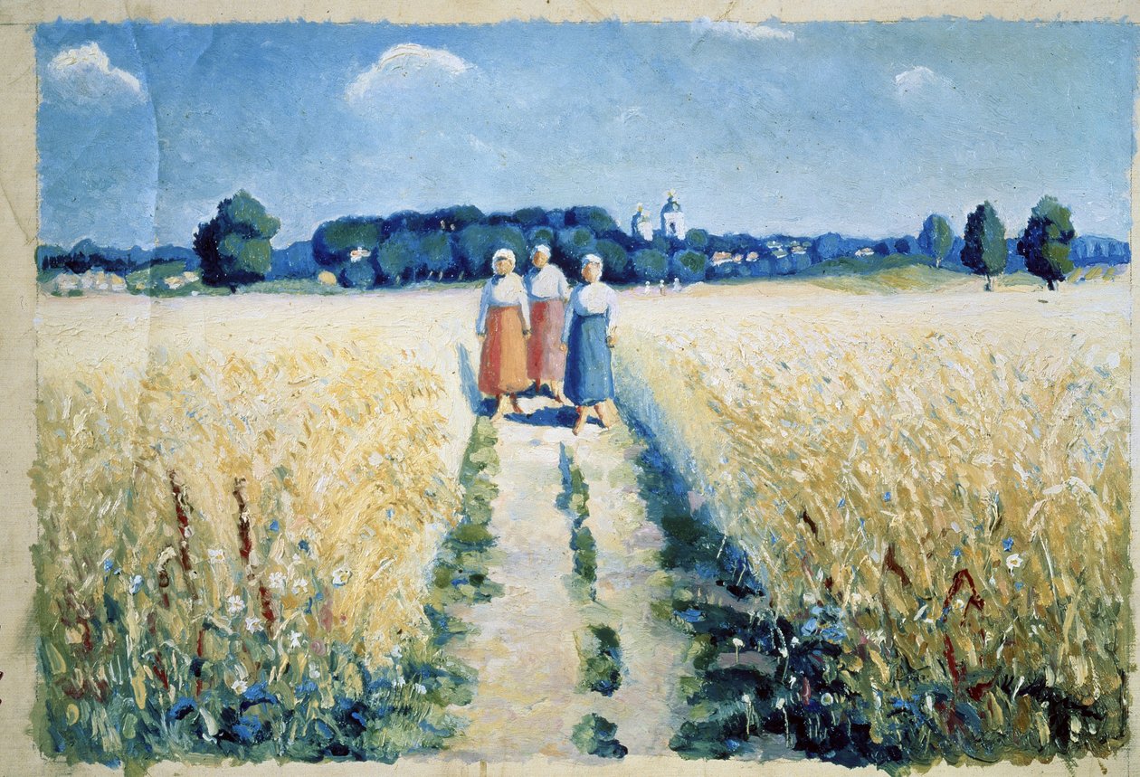 Trois femmes sur la route (Tre kvinnor på vägen). Barfota bönder i traditionell klädsel, går mellan odlade fält, mitt i sommaren, jordbrukets skördesäsong. Målning av Kasimir Severinovich Malevich (Malevich, Malevic) (1878-1 av Kazimir Severinovich Malevich