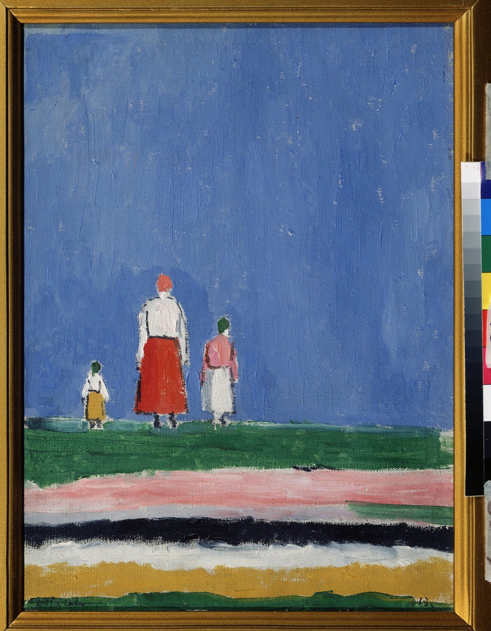 Tre figurer. En mamma med två barn, representerad bakifrån. Målning av Kasimir Severinovich Malevitch (Malevich, Malevic) (1878-1935), olja på duk 1913 eller efter 1927. Rysk konst, 1900-talets avantgarde, suprematism. Samling sid av Kazimir Severinovich Malevich
