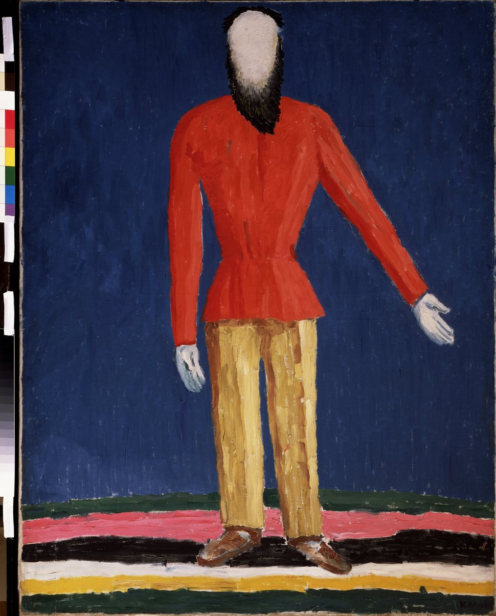 En bonde (En bonde). Representation av en skäggig man med en röd skjorta). Målning av Kasimir Severinovich Malevich (Malevich, Malevic) (1878-1935), olja på duk av Kazimir Severinovich Malevich