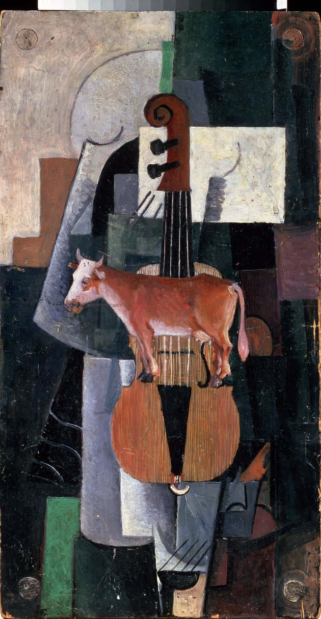 Ko och fiol (Ko och fiol). Målning av Kasimir Severinovich Malevitch (Malevich, Malevic) (1878-1935), olja på trä av Kazimir Severinovich Malevich
