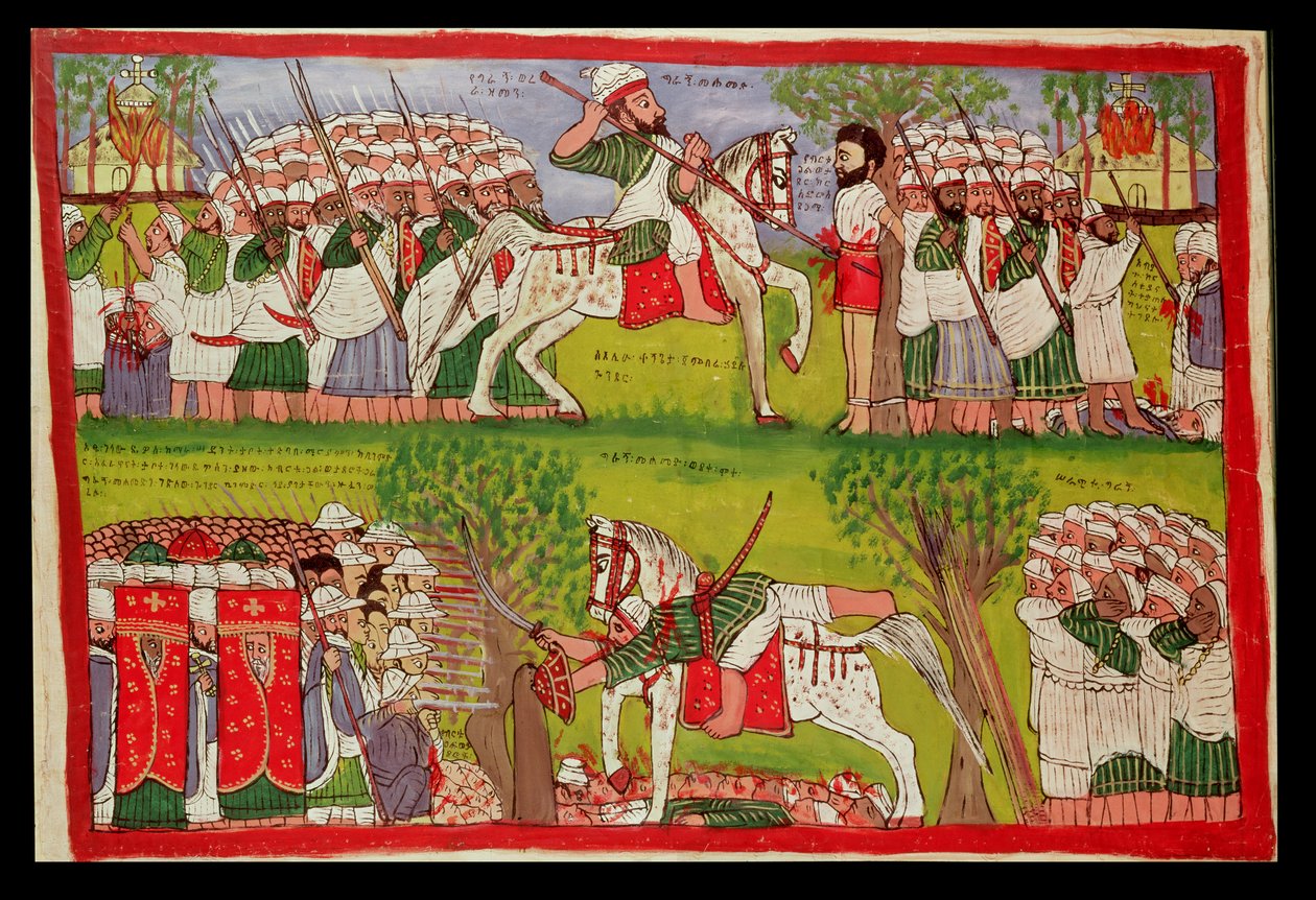 Muslimers brännande av kyrkor och Cristobal de Gamas död och Ahmed ibn Ibrahim al-Ghazis fall och död (1506-43) Skott av en portugisisk musketör, ca 1900 (olja på duk) av Kegneketa Jemlieri Hailu of Gondar