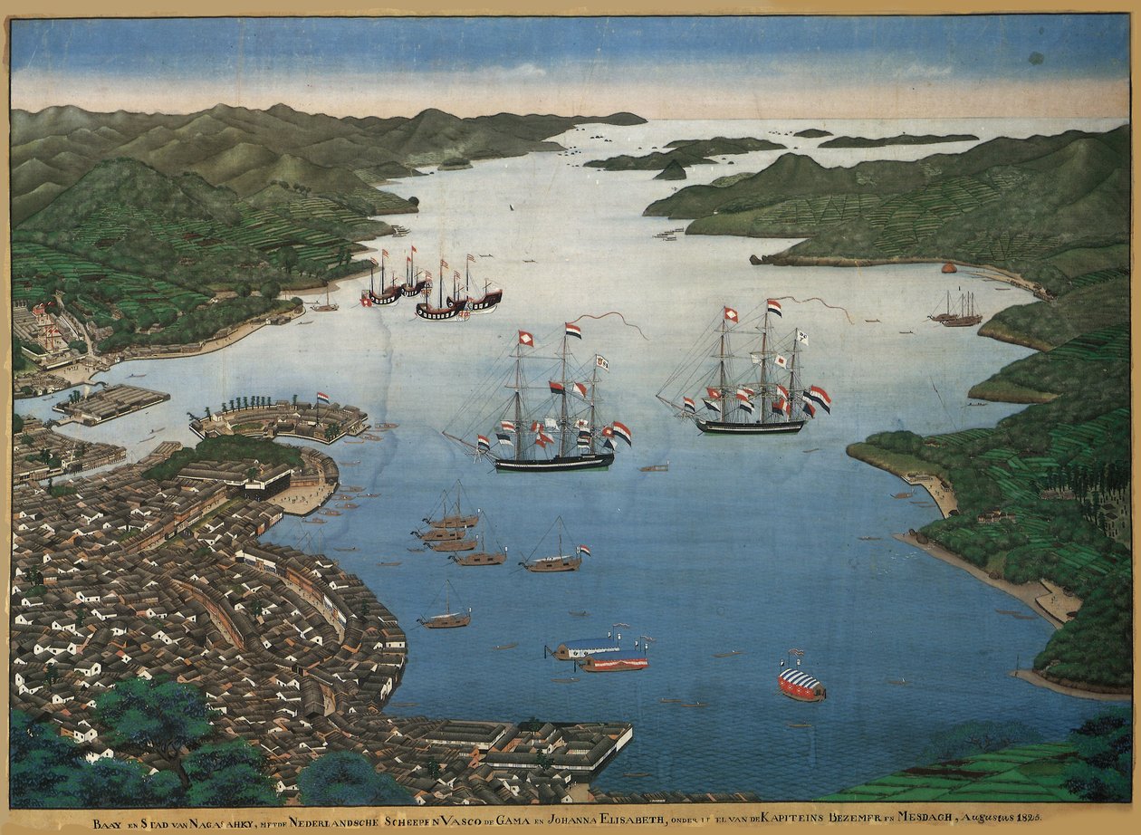 Ön Deshima i bukten i Nagasaki med fartygen Vasco da Gama och Johanna..., ca 1825. av Keiga Kawahara