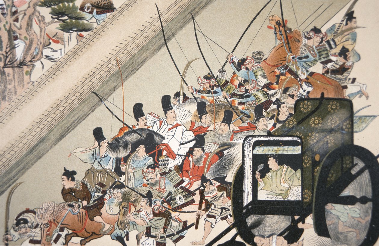 Bortförandet av den klosterbundna kejsaren Go Shirakawa av Fujiwara Nobuyori 1159, ca 1200 av Keion Keion