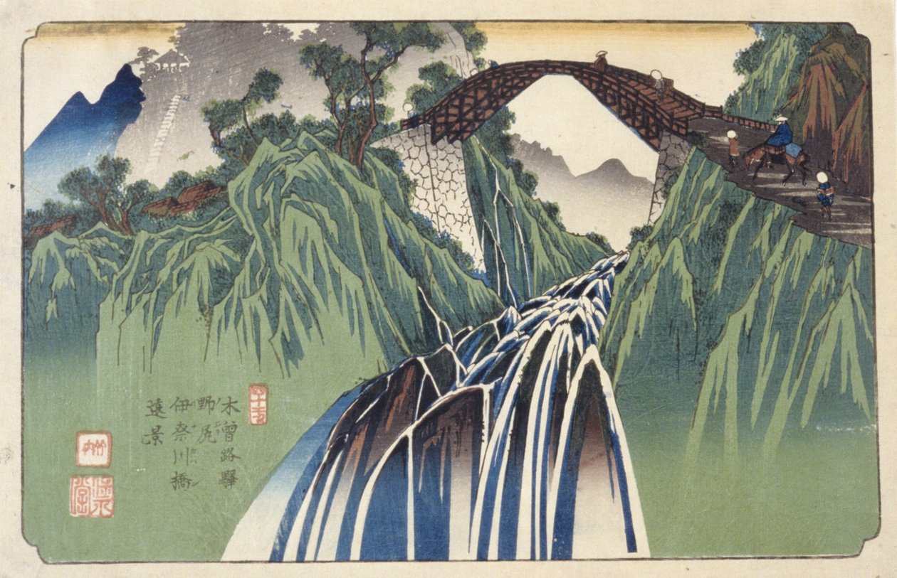 Avlägsen utsikt över bron över floden Ina i Nojiri, nr 41 (Nojiri Inagawabashi Enkei, 41) (träblock i färg) av Keisai (1790 1848) Eisen